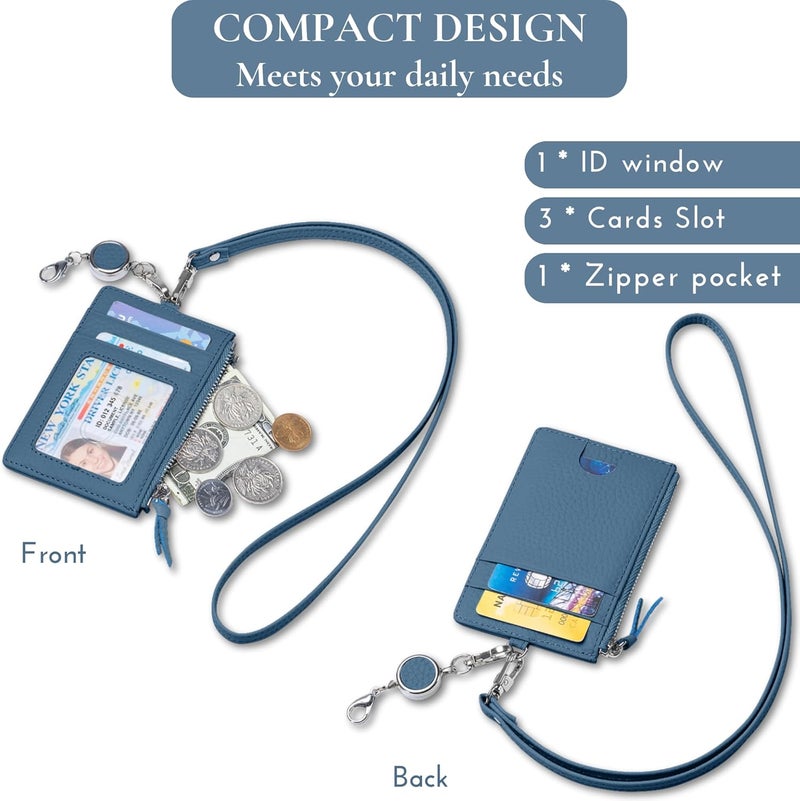 EutDett Leather ID Badge Holder, Lanyard Wallet for Women & Men, Leather Lanyards for id Badges, Women's ID Case with Zipper Pocket for Teacher Nurse Student (Misty Blue) - Image 2
